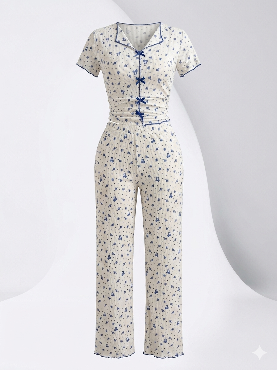 Mavi Çiçek Desenli Fitilli Pijama Takımı
