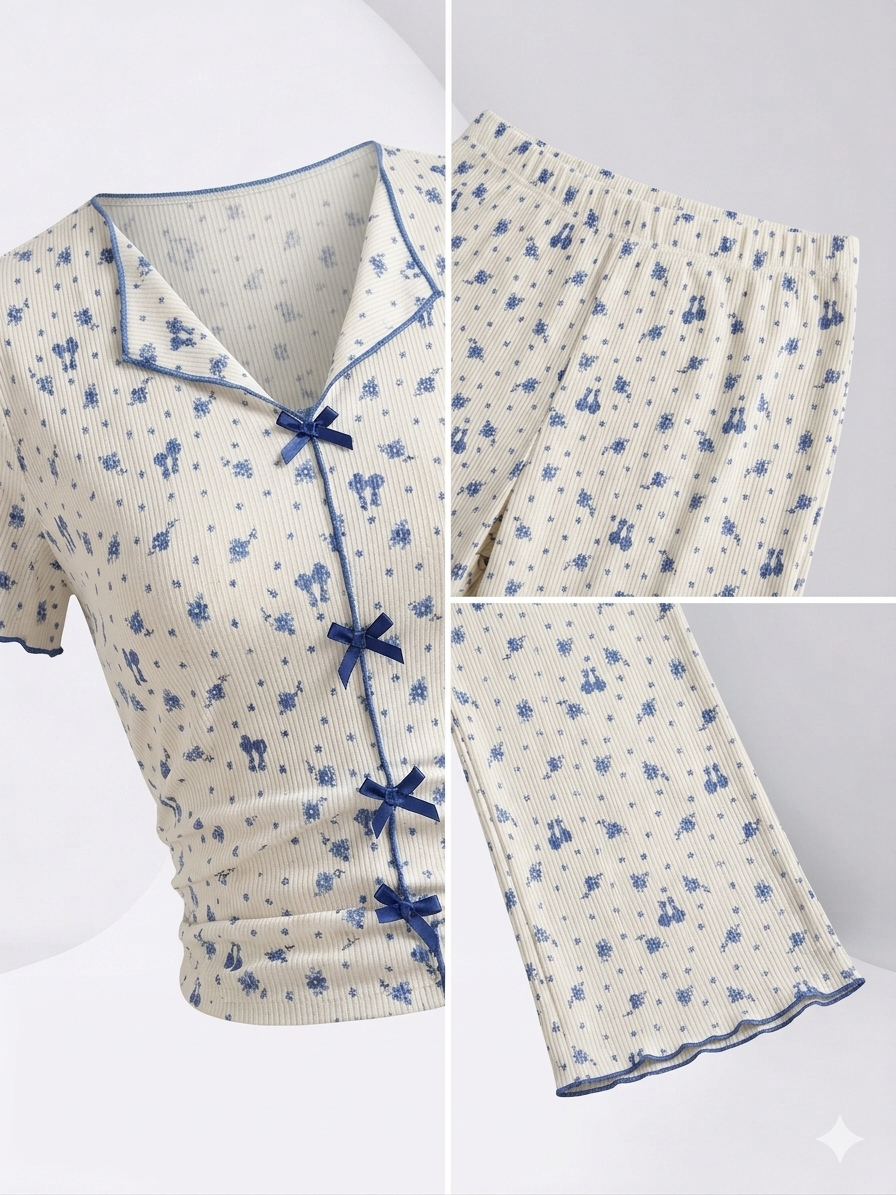 Mavi Çiçek Desenli Fitilli Pijama Takımı