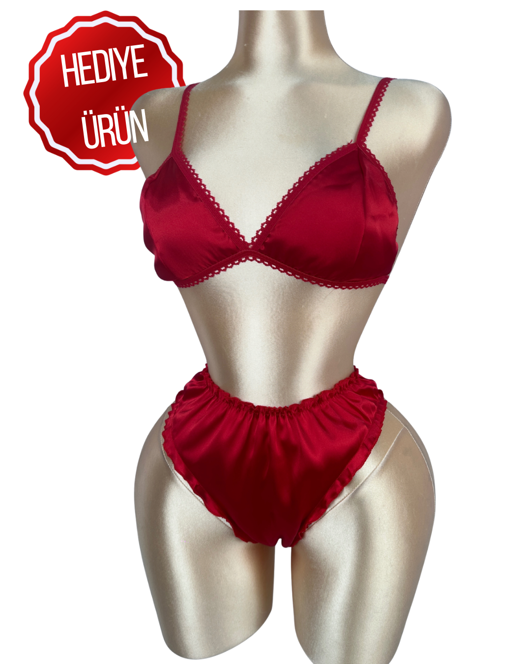 Ateş Kırmızı Tüylü Saten Sabahlık & Hediye İç Çamaşırı Takımı