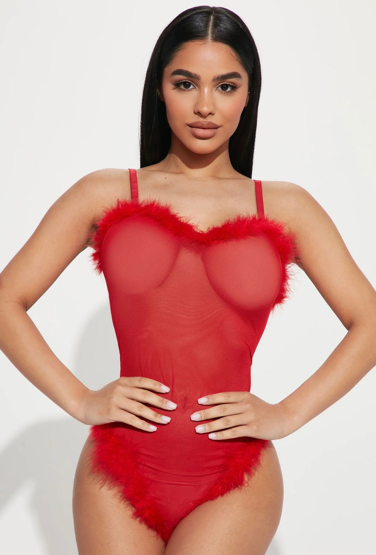 Yılbaşı Özel Kırmızı Fırfırlı & Tüylü Transparan Body – Sexy Bodysuit